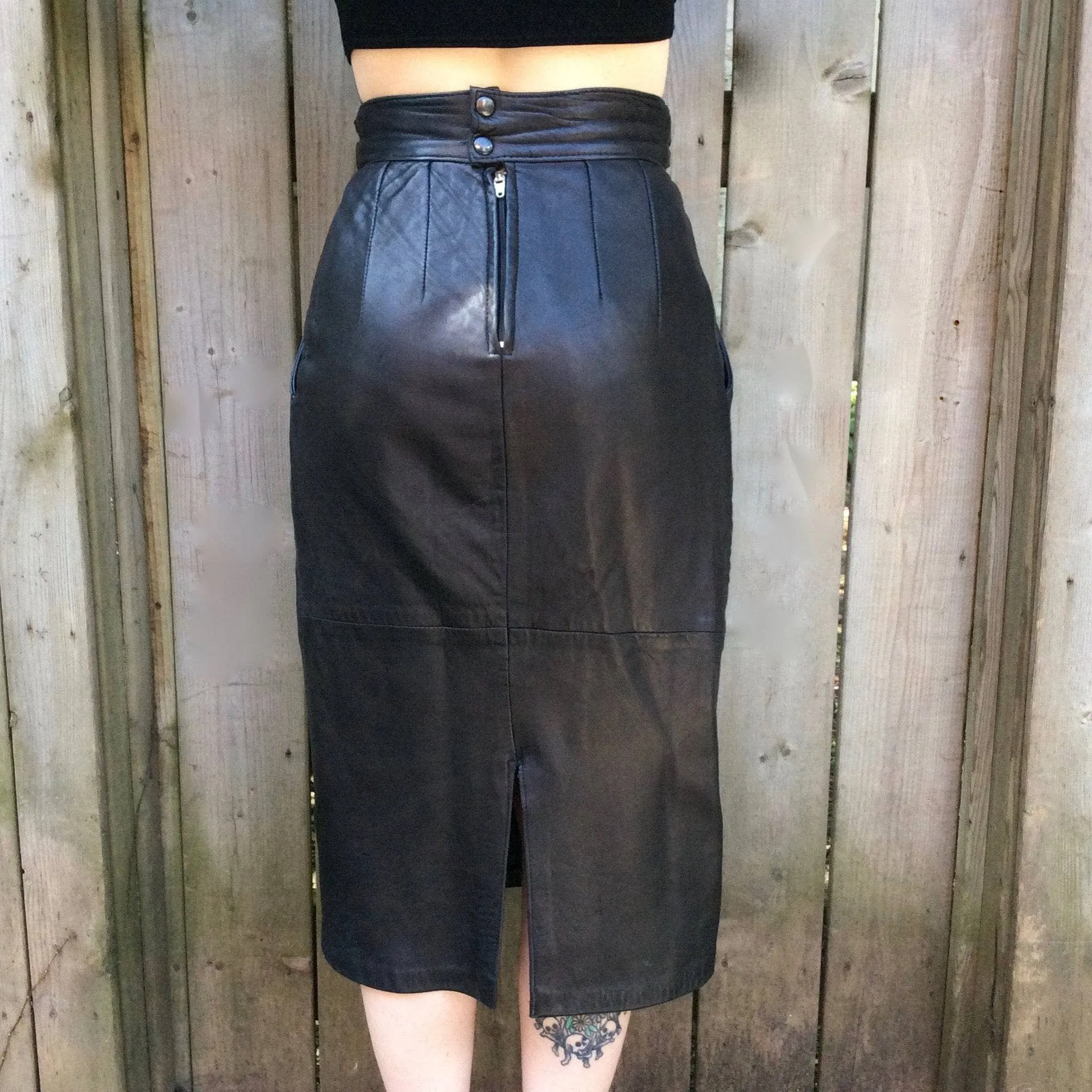 1980s High-Waisted Midi Length Leather Skirt S