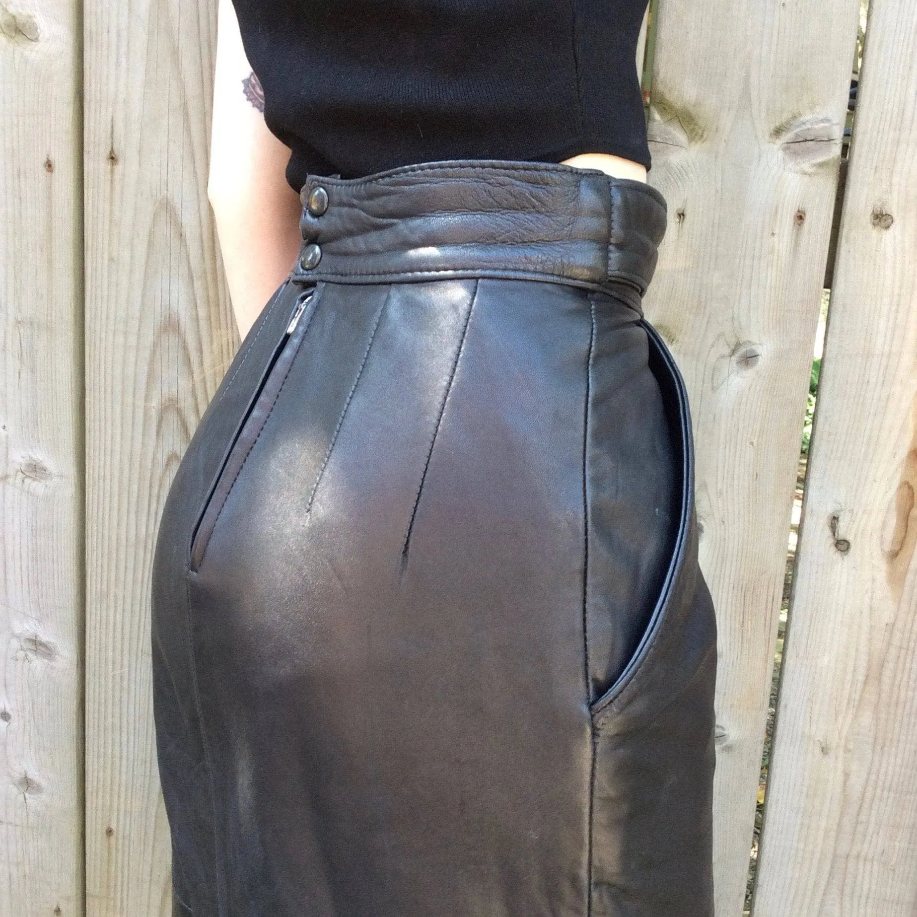 1980s High-Waisted Midi Length Leather Skirt S