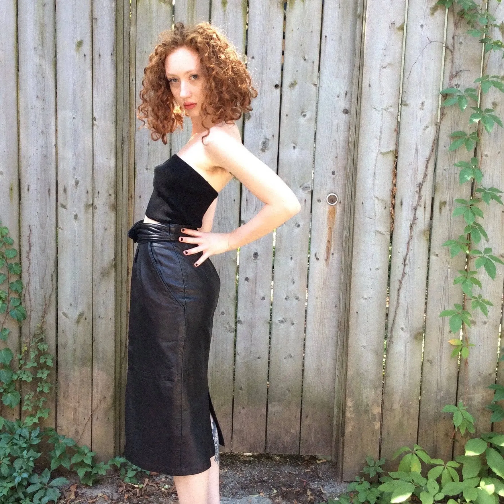1980s High-Waisted Midi Length Leather Skirt S
