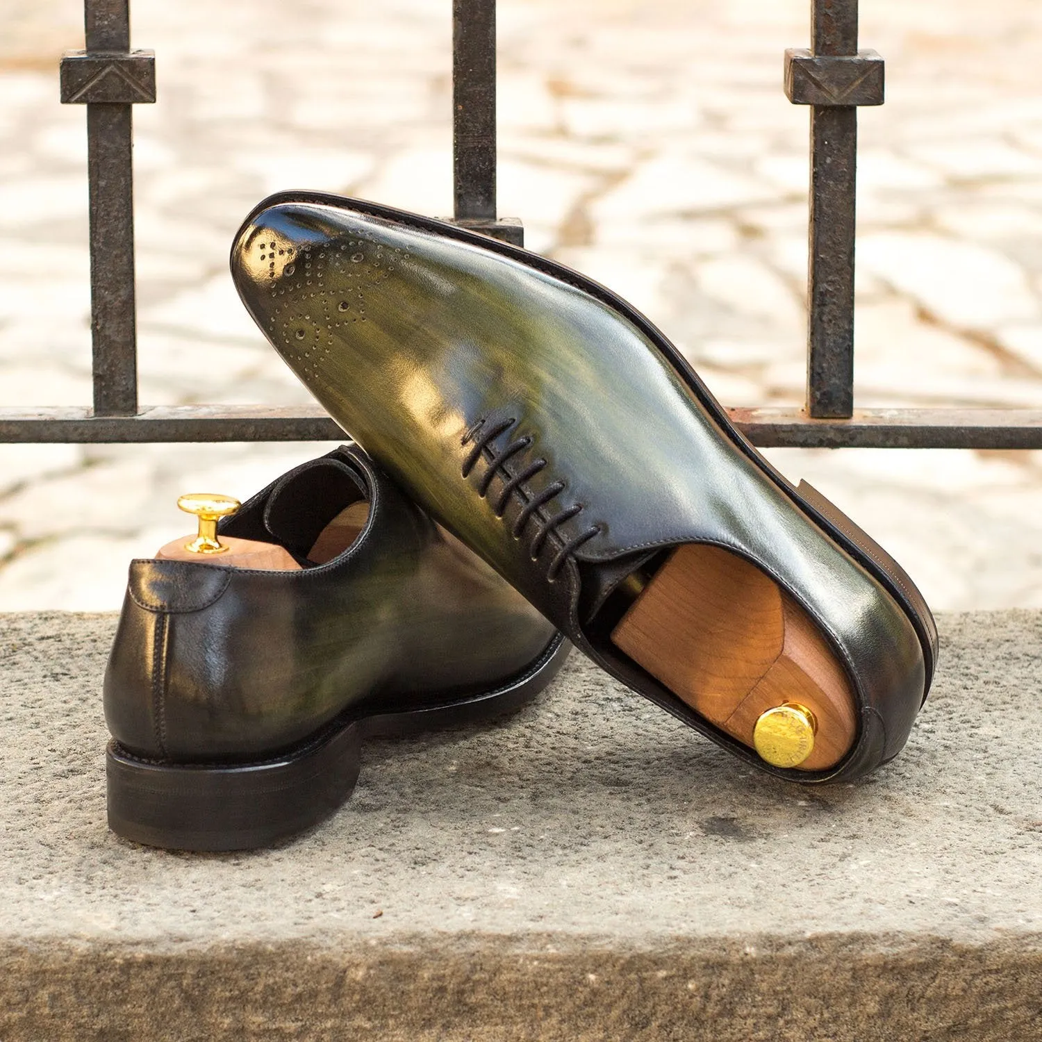 Ambrogio Bespoke Men's Handmade Custom Made Shoes Green Patina Leather Dress Oxfords (AMB1288)