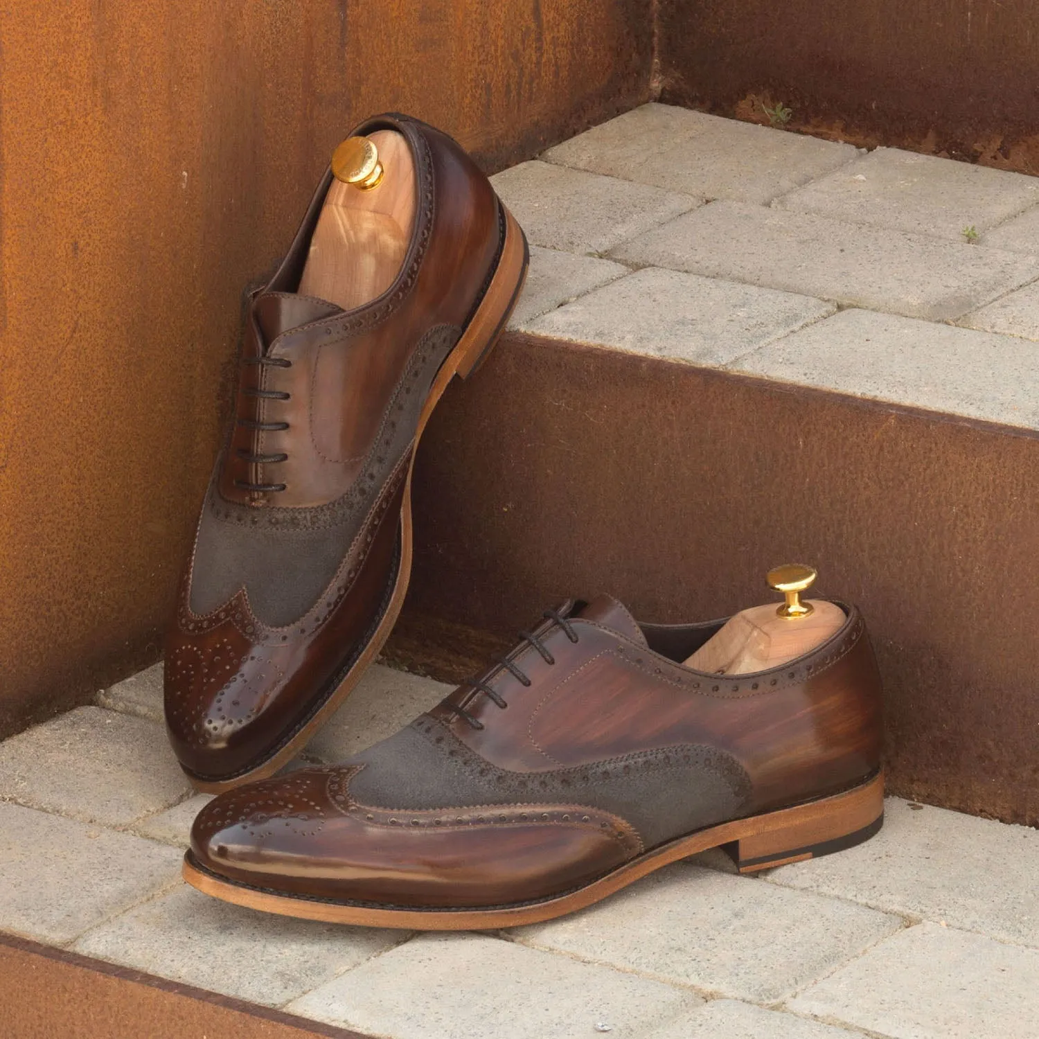 Ambrogio Bespoke Men's Handmade Custom Shoes Brown & Gray Lux Suede / Patina Leather Brogue Oxfords (AMB1481)