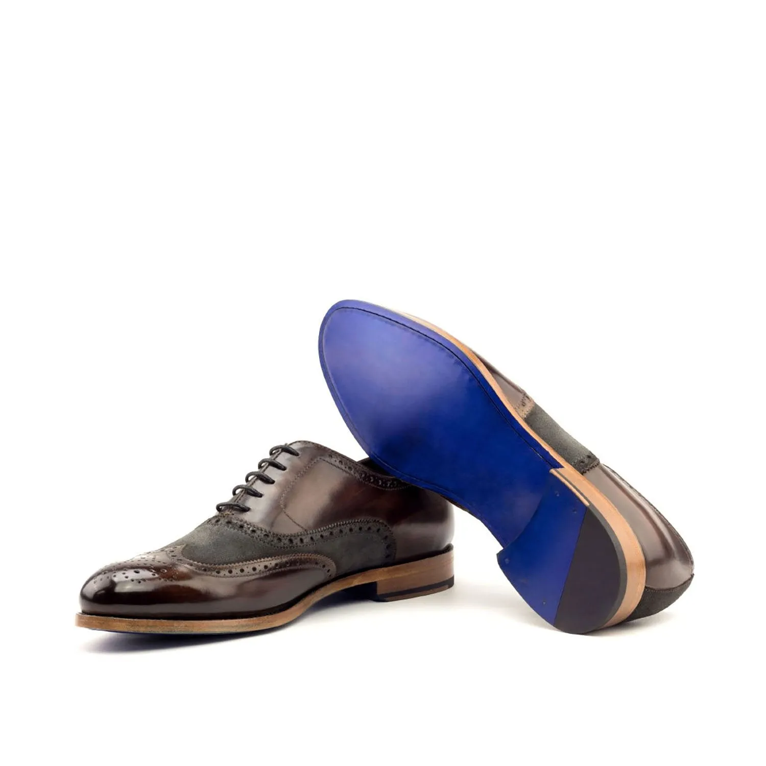 Ambrogio Bespoke Men's Handmade Custom Shoes Brown & Gray Lux Suede / Patina Leather Brogue Oxfords (AMB1481)