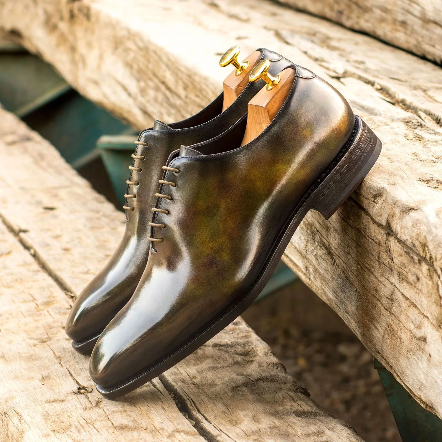 Ambrogio Bespoke Men's Handmade Custom Shoes Green Patina Leather Wholecut Plain Oxfords (AMB1556)