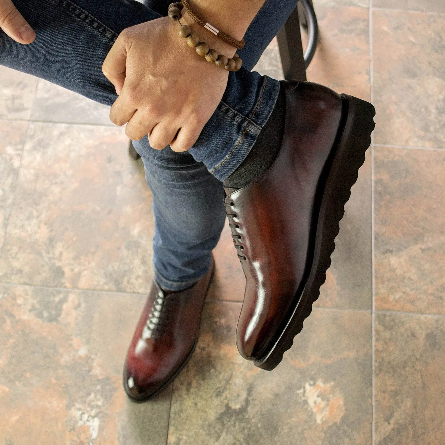 Ambrogio Bespoke Men's Shoes Burgundy Patina Leather Whole-Cut Oxfords (AMB2369)