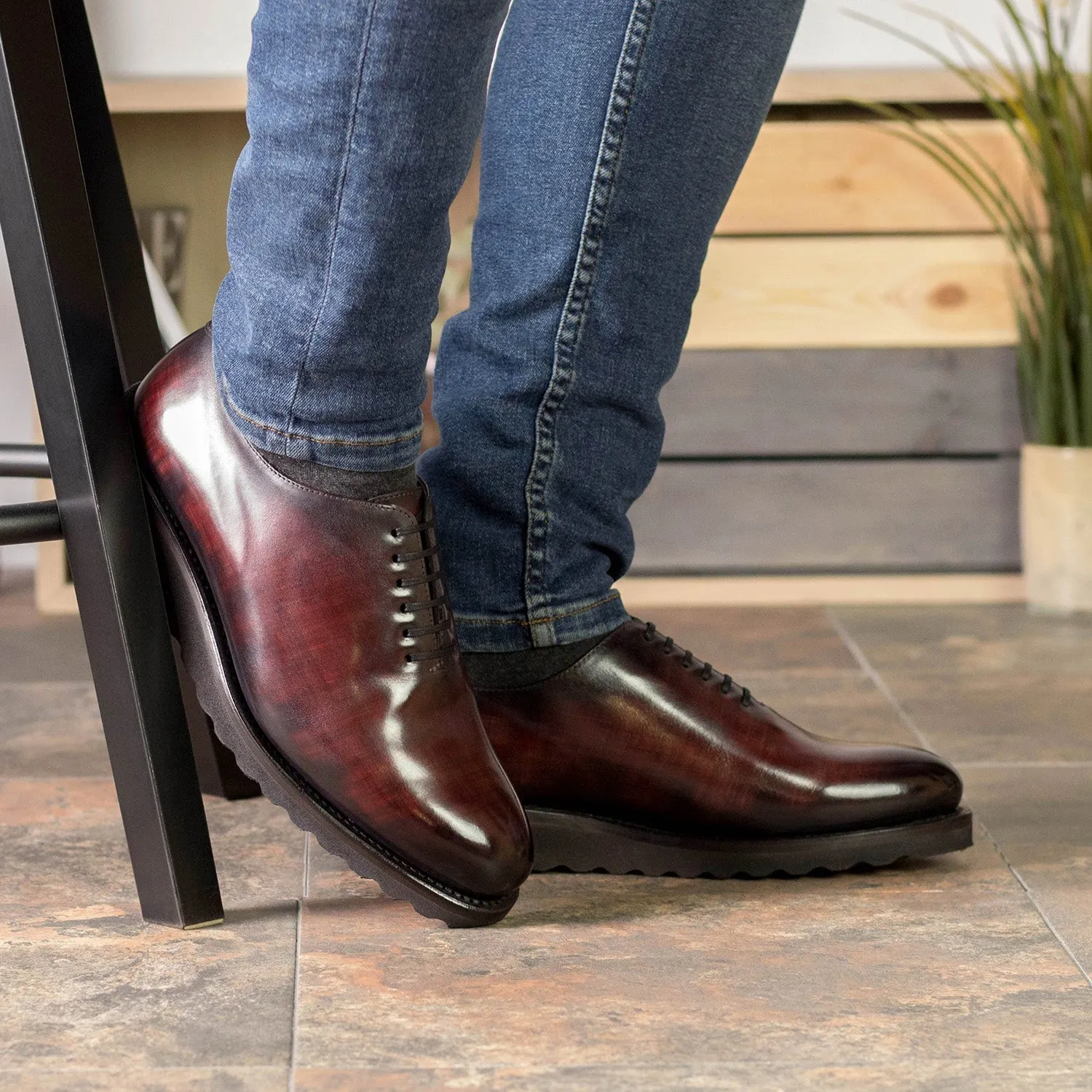 Ambrogio Bespoke Men's Shoes Burgundy Patina Leather Whole-Cut Oxfords (AMB2369)