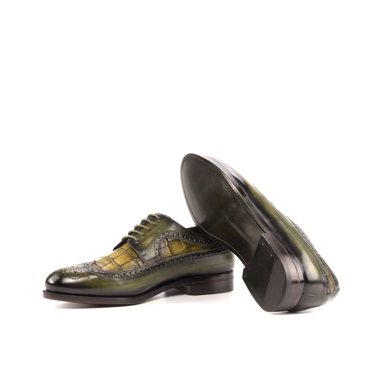 Ambrogio Bespoke Men's Shoes Khaki & Olive Crocodile Print / Patina Leather Longwing Blucher Oxfords (AMB2242)
