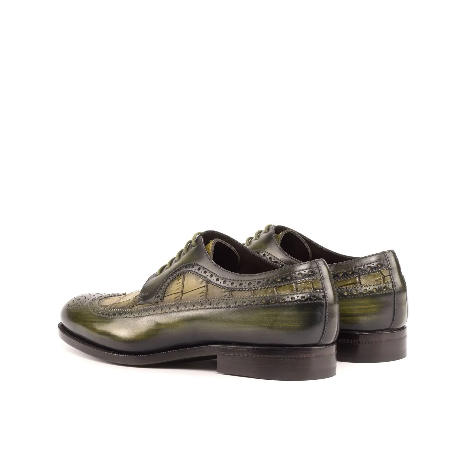 Ambrogio Bespoke Men's Shoes Khaki & Olive Crocodile Print / Patina Leather Longwing Blucher Oxfords (AMB2242)
