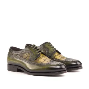Ambrogio Bespoke Men's Shoes Khaki & Olive Crocodile Print / Patina Leather Longwing Blucher Oxfords (AMB2242)