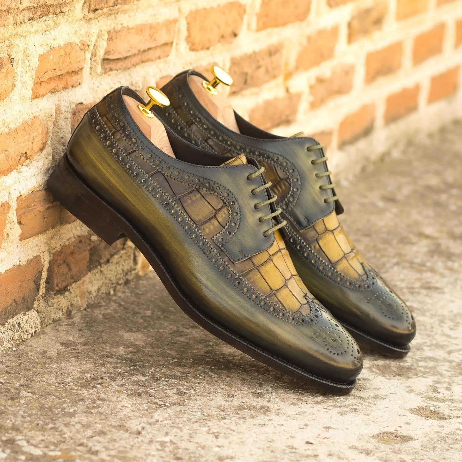 Ambrogio Bespoke Men's Shoes Khaki & Olive Crocodile Print / Patina Leather Longwing Blucher Oxfords (AMB2242)
