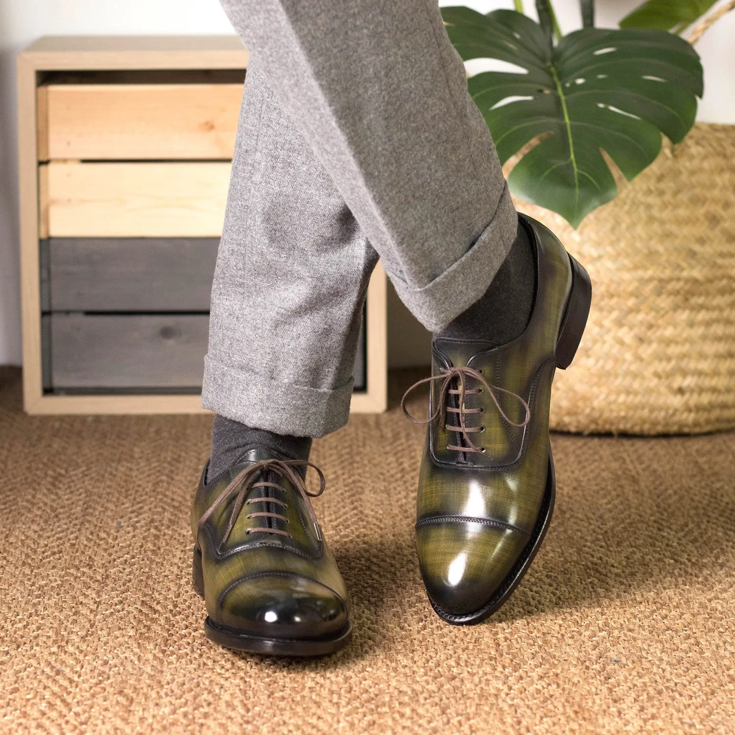 Ambrogio Bespoke Men's Shoes Khaki Patina Leather Cap-Toe Oxfords (AMB2411)