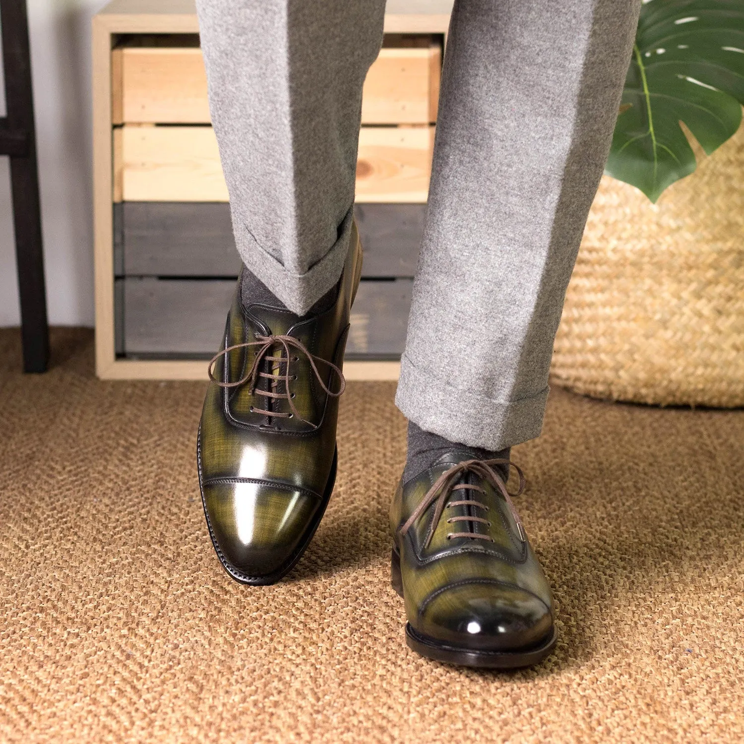 Ambrogio Bespoke Men's Shoes Khaki Patina Leather Cap-Toe Oxfords (AMB2411)