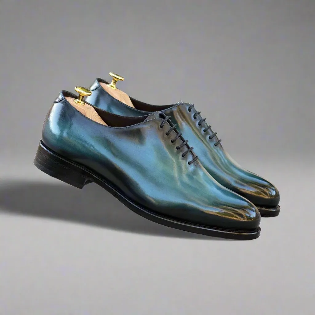Ambrogio Bespoke Men's Shoes Turquoise Patina Leather Whole-Cut Oxfords (AMB2379)