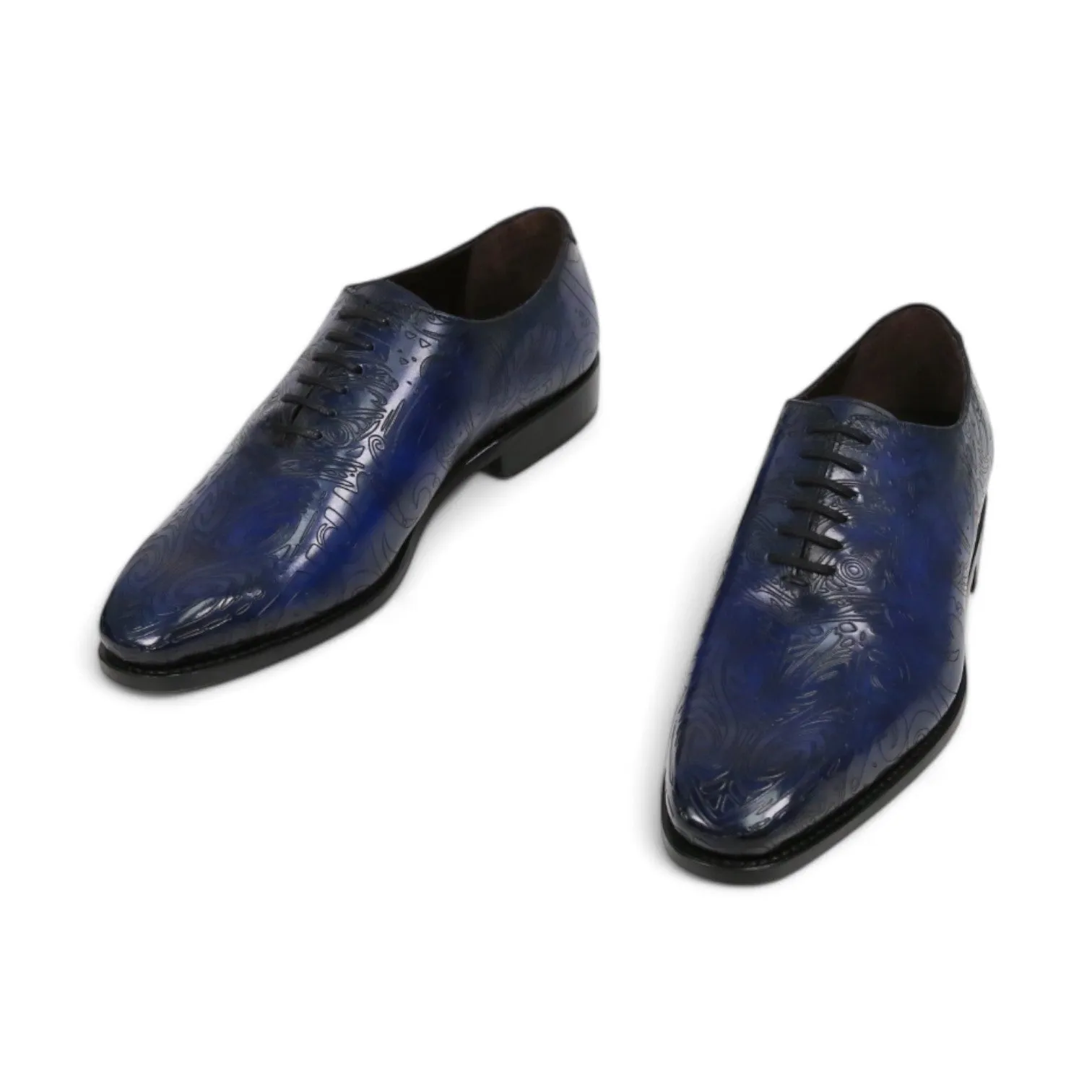 Ambrogio Men's Handmade Custom Made Shoes Ocean Blue Maori Texture Print / Patina Leather Wholecut Plain Oxfords (AMB1634)