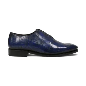 Ambrogio Men's Handmade Custom Made Shoes Ocean Blue Maori Texture Print / Patina Leather Wholecut Plain Oxfords (AMB1634)