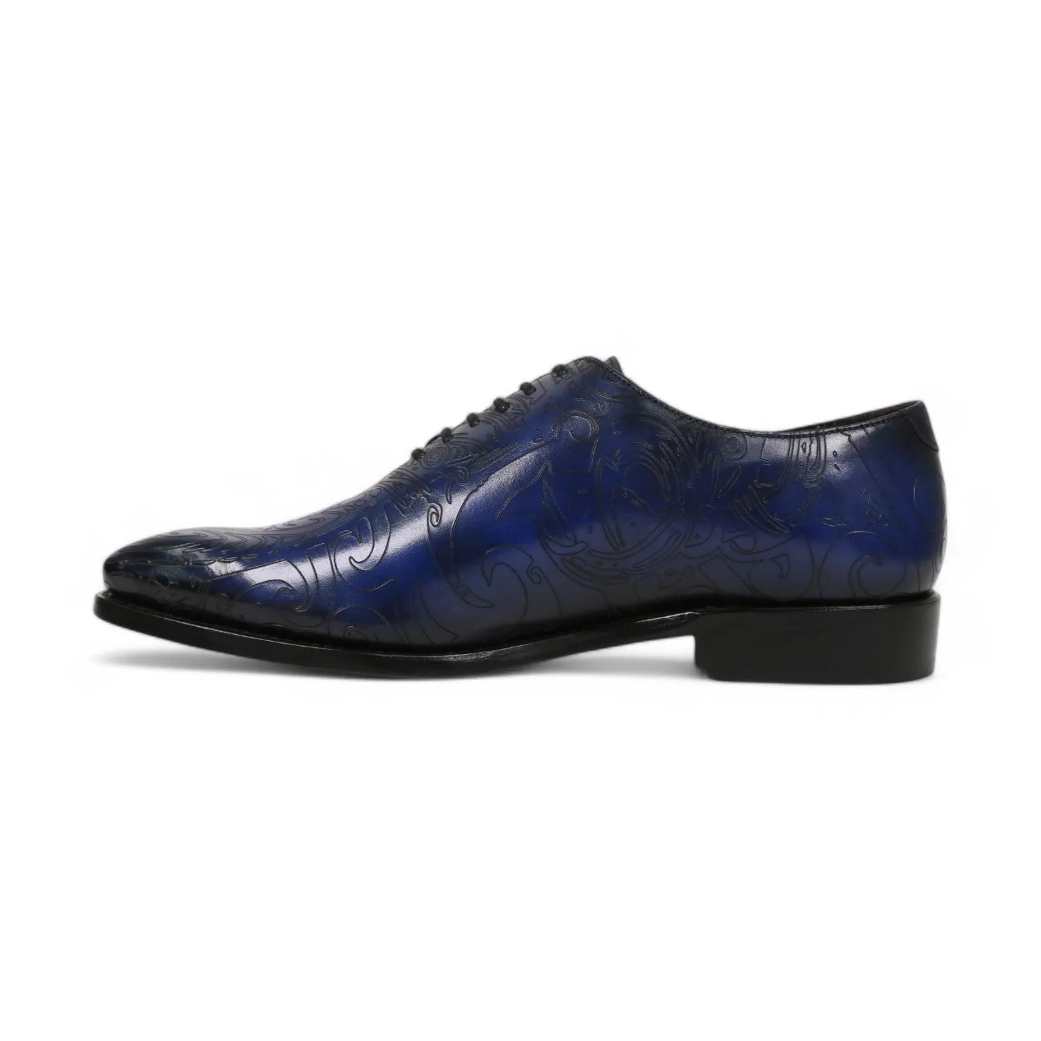 Ambrogio Men's Handmade Custom Made Shoes Ocean Blue Maori Texture Print / Patina Leather Wholecut Plain Oxfords (AMB1634)