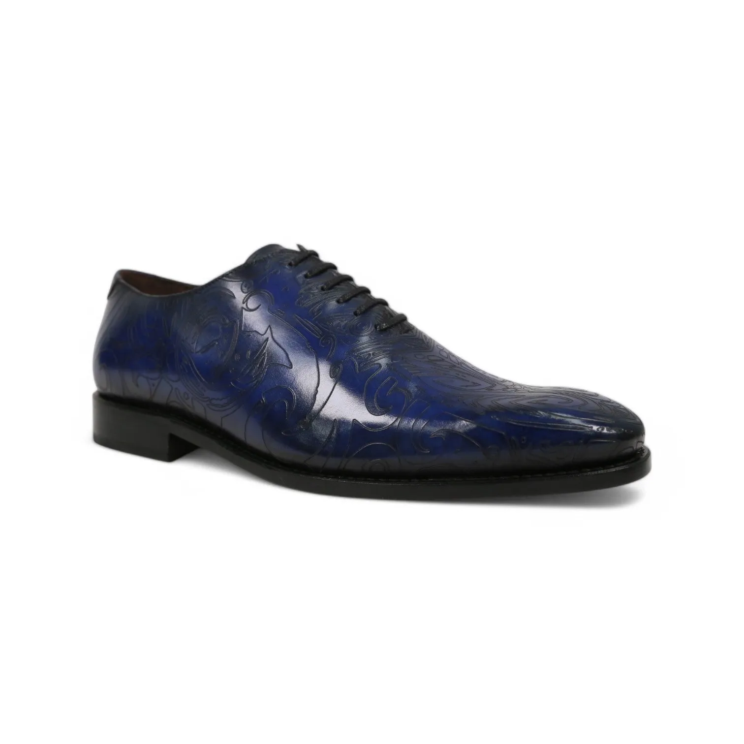 Ambrogio Men's Handmade Custom Made Shoes Ocean Blue Maori Texture Print / Patina Leather Wholecut Plain Oxfords (AMB1634)