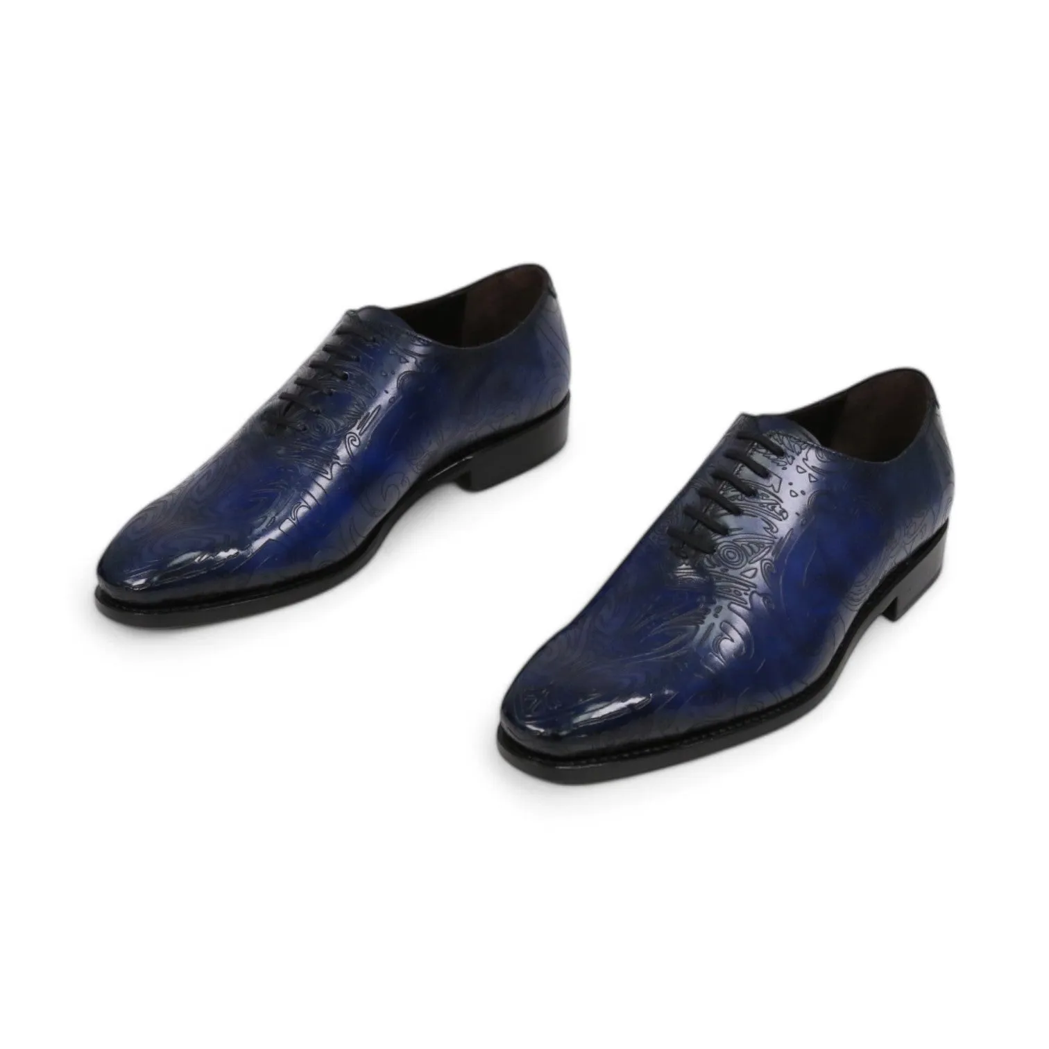Ambrogio Men's Handmade Custom Made Shoes Ocean Blue Maori Texture Print / Patina Leather Wholecut Plain Oxfords (AMB1634)
