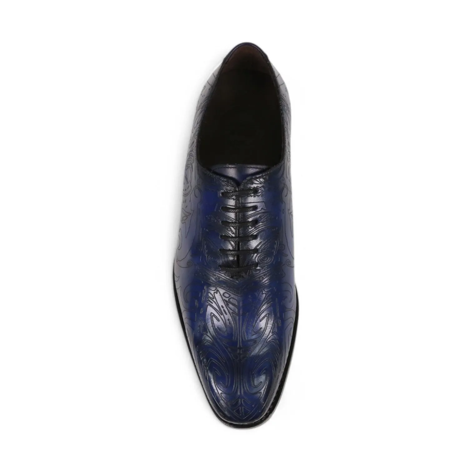 Ambrogio Men's Handmade Custom Made Shoes Ocean Blue Maori Texture Print / Patina Leather Wholecut Plain Oxfords (AMB1634)