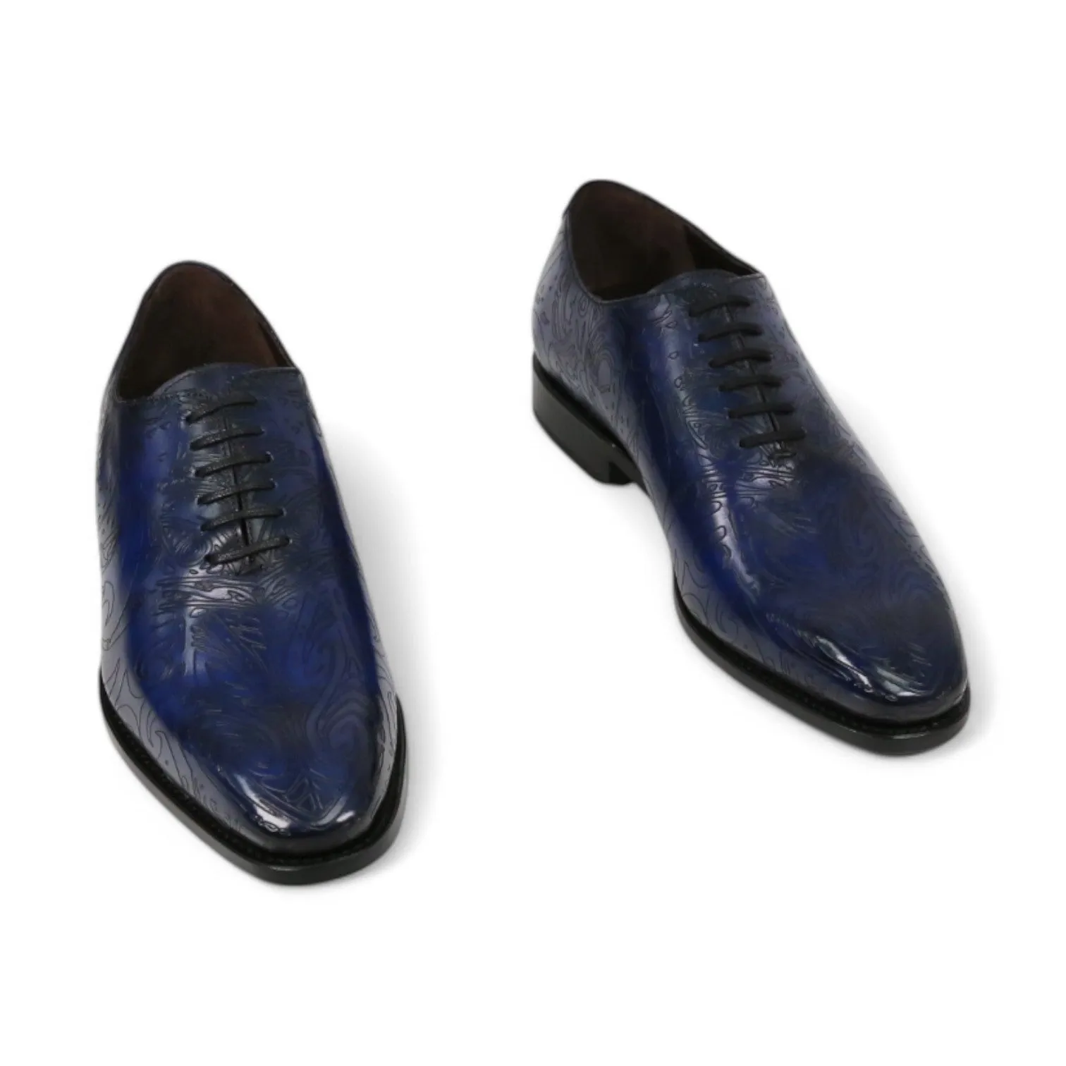 Ambrogio Men's Handmade Custom Made Shoes Ocean Blue Maori Texture Print / Patina Leather Wholecut Plain Oxfords (AMB1634)