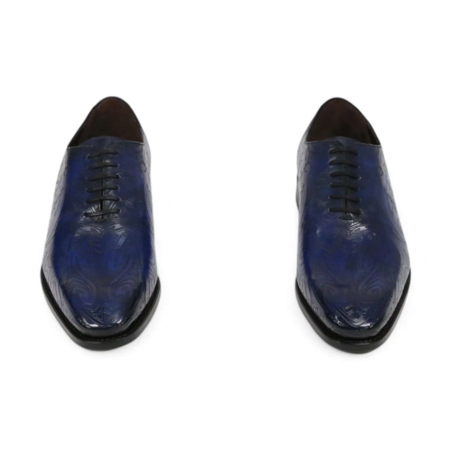 Ambrogio Men's Handmade Custom Made Shoes Ocean Blue Maori Texture Print / Patina Leather Wholecut Plain Oxfords (AMB1634)