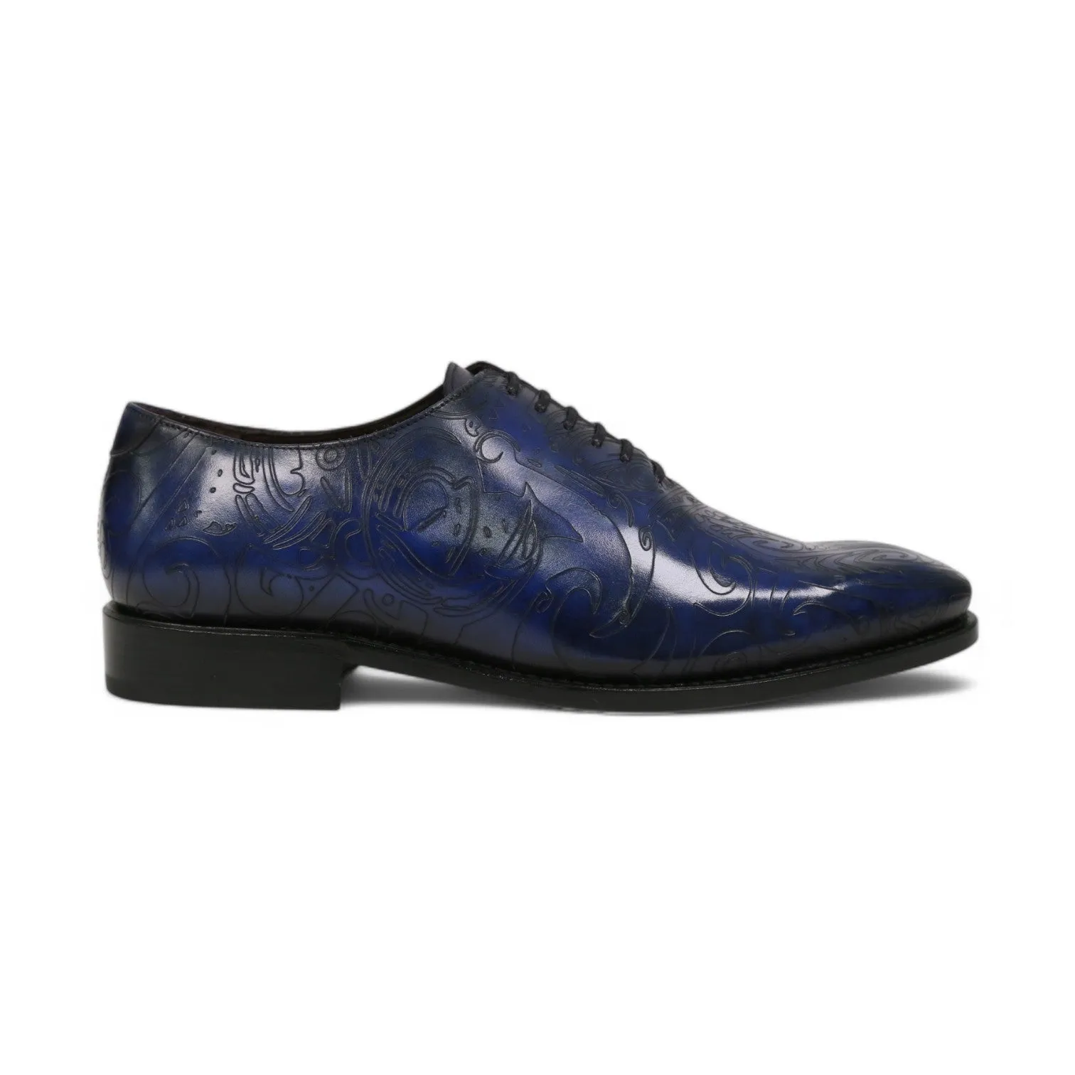 Ambrogio Men's Handmade Custom Made Shoes Ocean Blue Maori Texture Print / Patina Leather Wholecut Plain Oxfords (AMB1634)