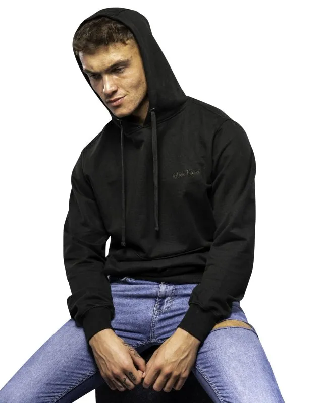 Antonio Falcone Tonal Embroidery Long Sleeve Hooded Sweatshirt Black