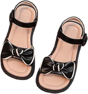Baby Toddler Infant Sandals Square Open Toe Bow School Dress Shoes Adjustable Strap Slip On Flat Sandal (Black, 7.5 Toddler)