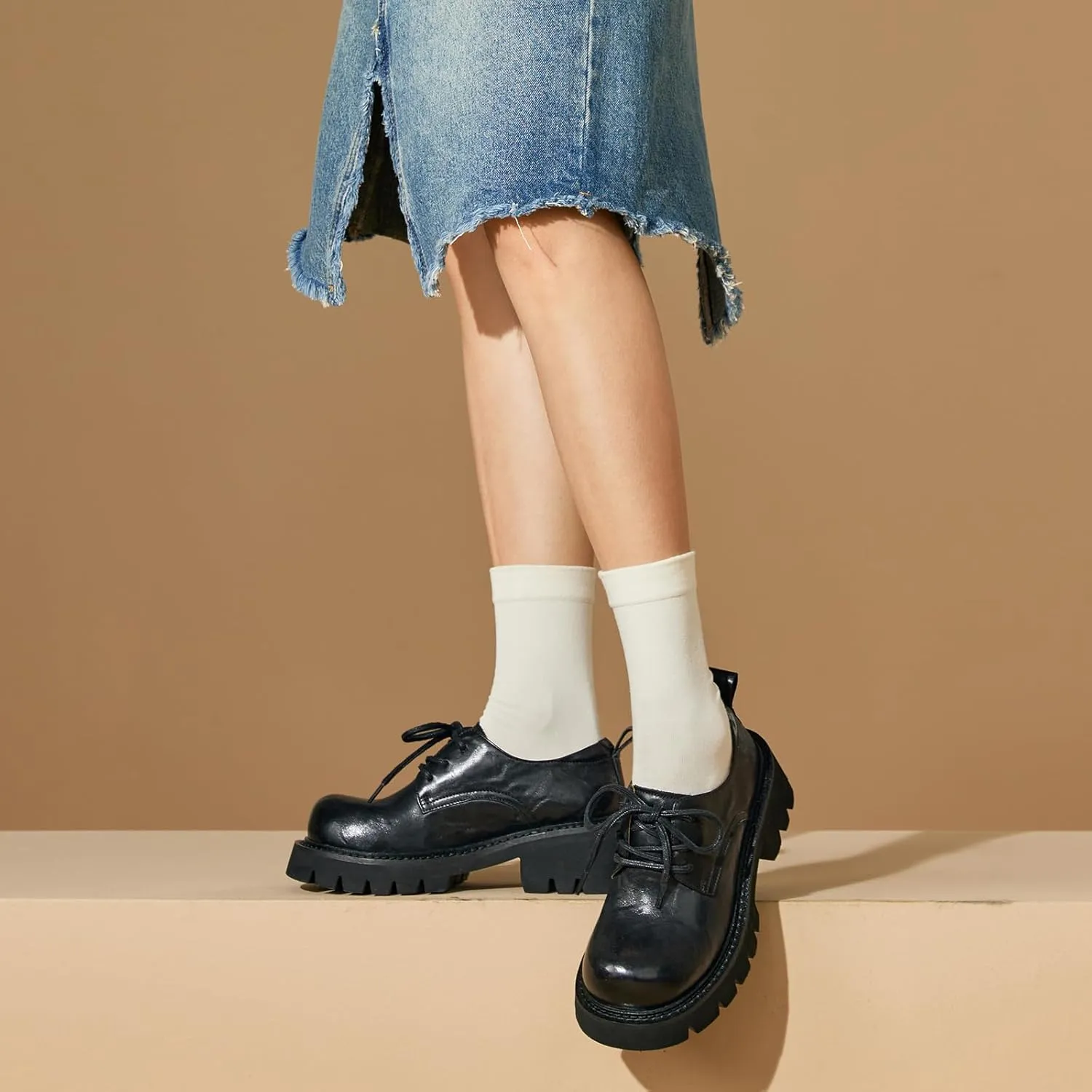 BEAU TODAY Chunky Platform Oxford Shoes for Women - Casual Round Toe Lace-up Leather Oxfords - Comfortable Business Lug Sole Dress Shoes