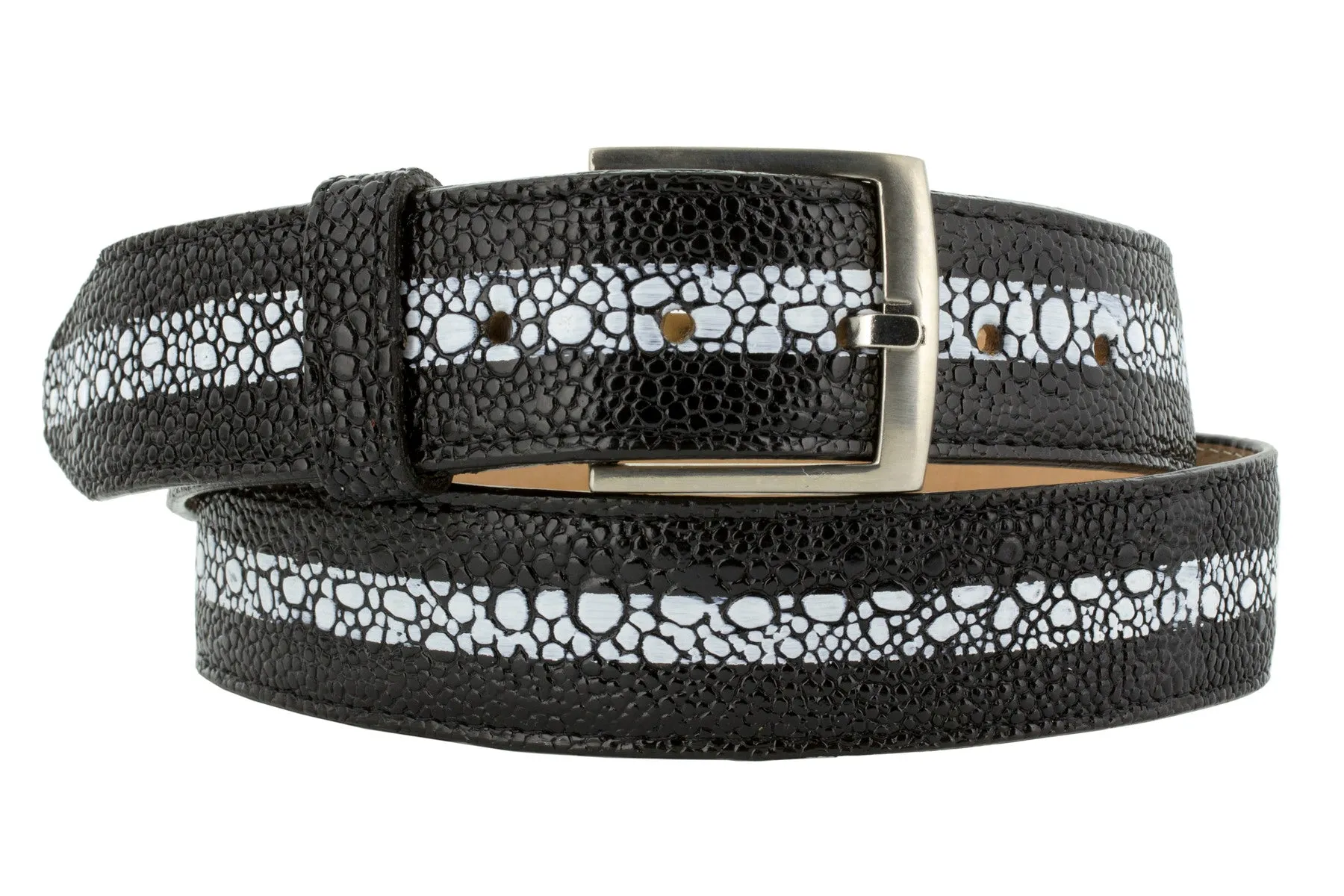 Black Western Cowboy Belt Stingray Print Leather - Silver Buckle