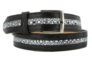 Black Western Cowboy Belt Stingray Print Leather - Silver Buckle