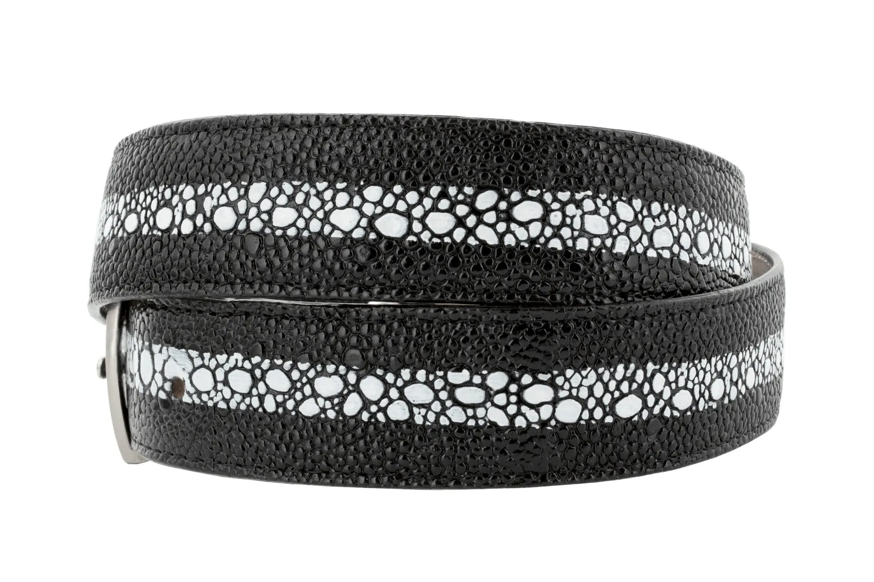 Black Western Cowboy Belt Stingray Print Leather - Silver Buckle