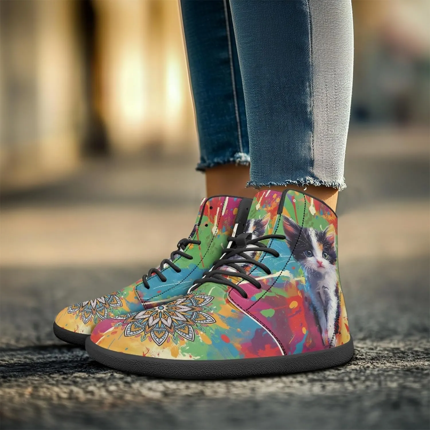 Boho Mandala Print Unisex Barefoot Shoes PU Leather High Top Barefoot Sneakers for Outdoor