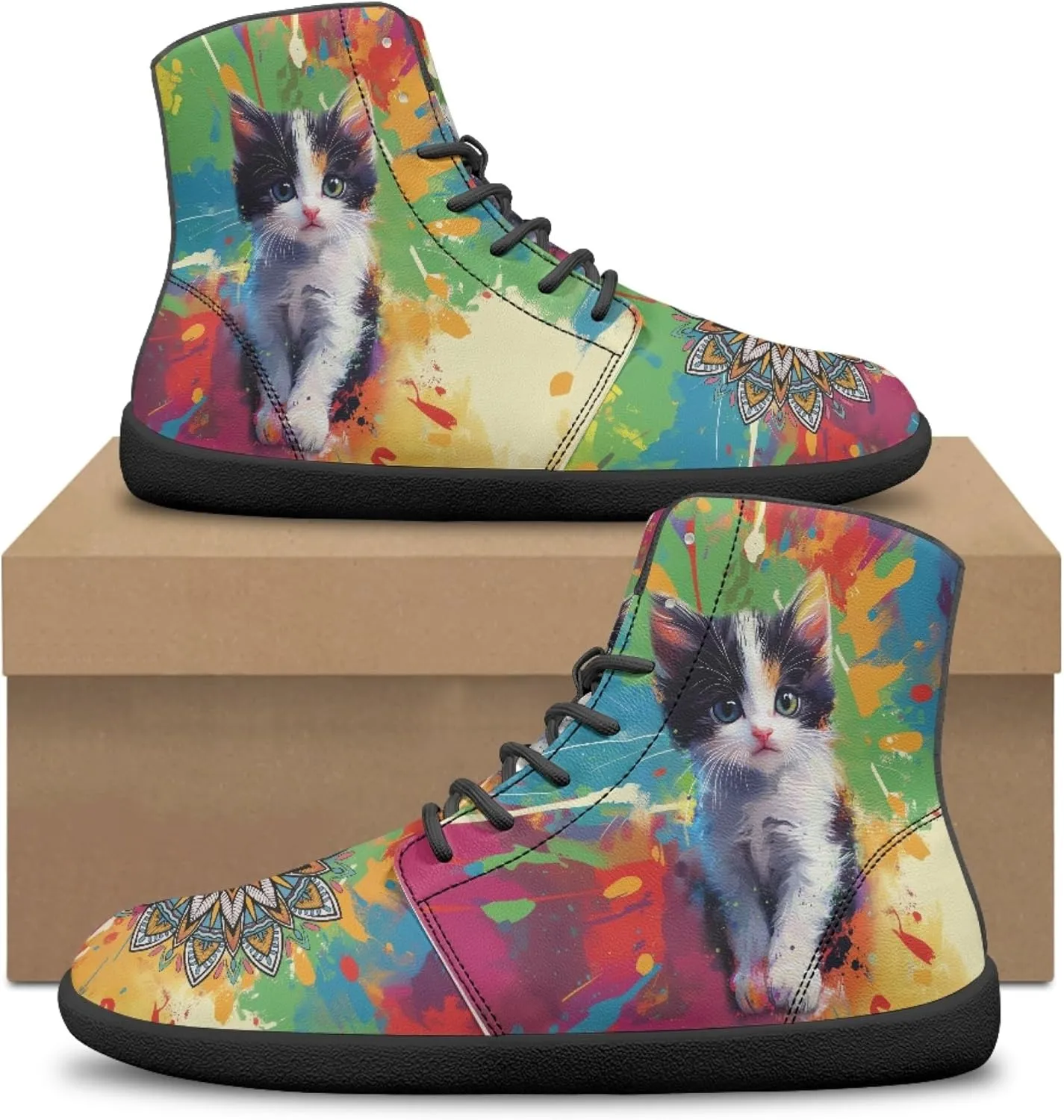 Boho Mandala Print Unisex Barefoot Shoes PU Leather High Top Barefoot Sneakers for Outdoor