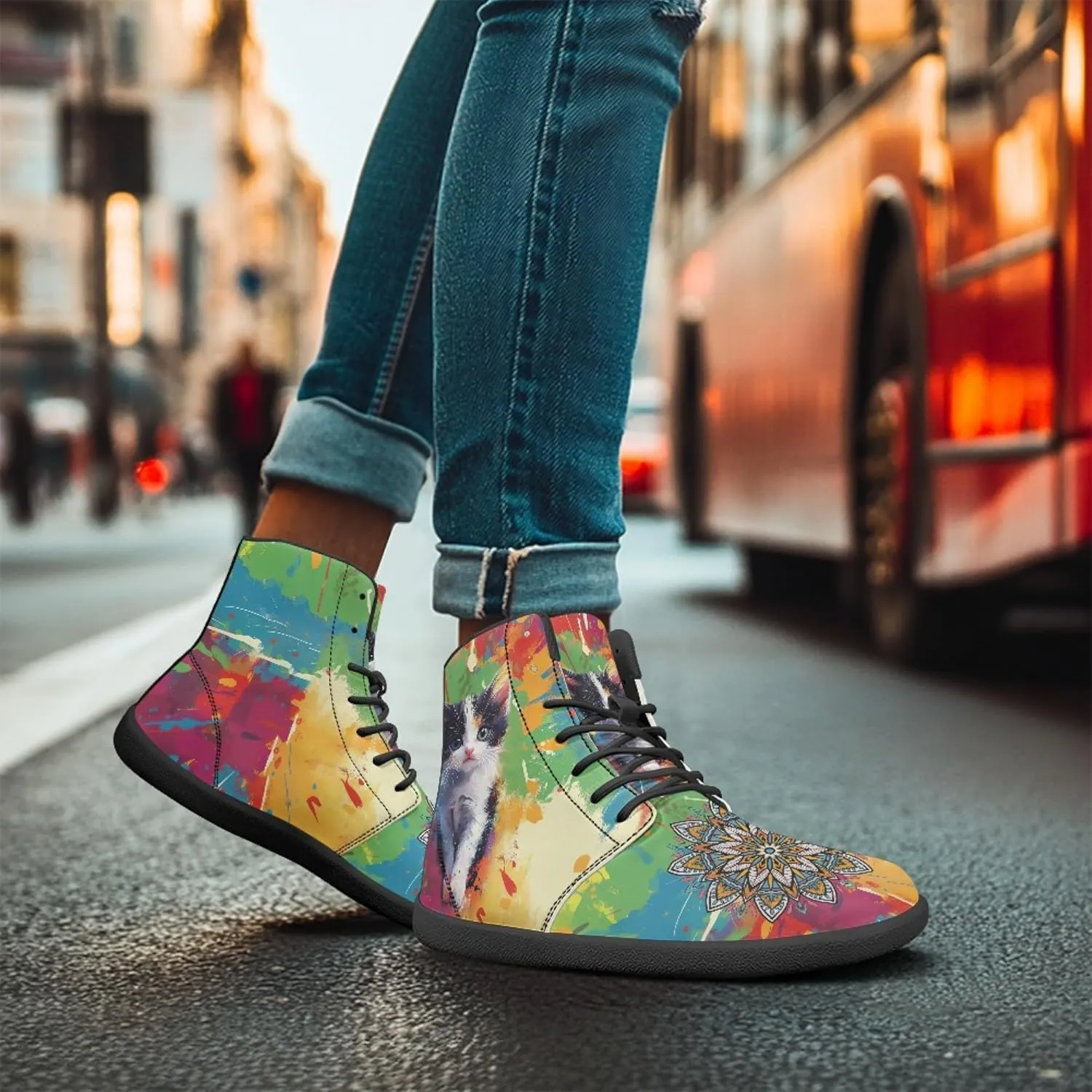 Boho Mandala Print Unisex Barefoot Shoes PU Leather High Top Barefoot Sneakers for Outdoor