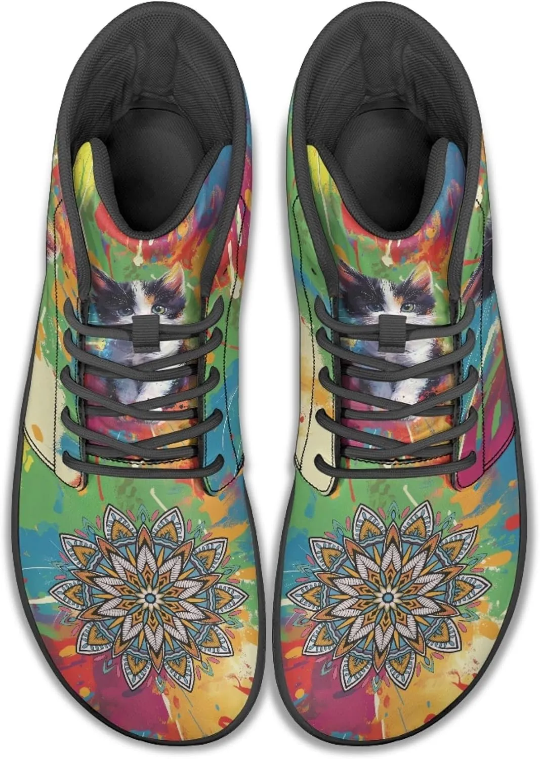 Boho Mandala Print Unisex Barefoot Shoes PU Leather High Top Barefoot Sneakers for Outdoor