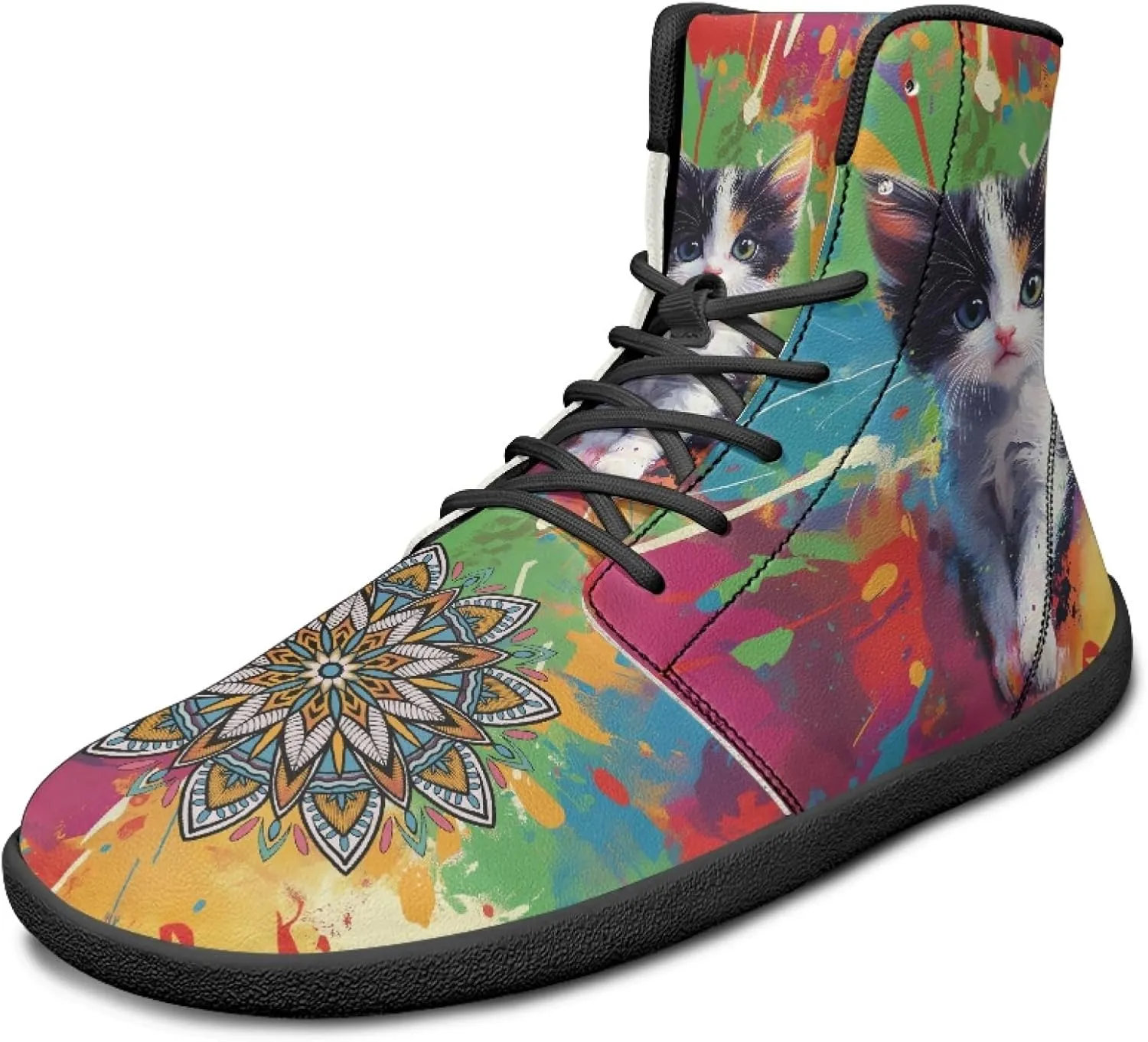 Boho Mandala Print Unisex Barefoot Shoes PU Leather High Top Barefoot Sneakers for Outdoor