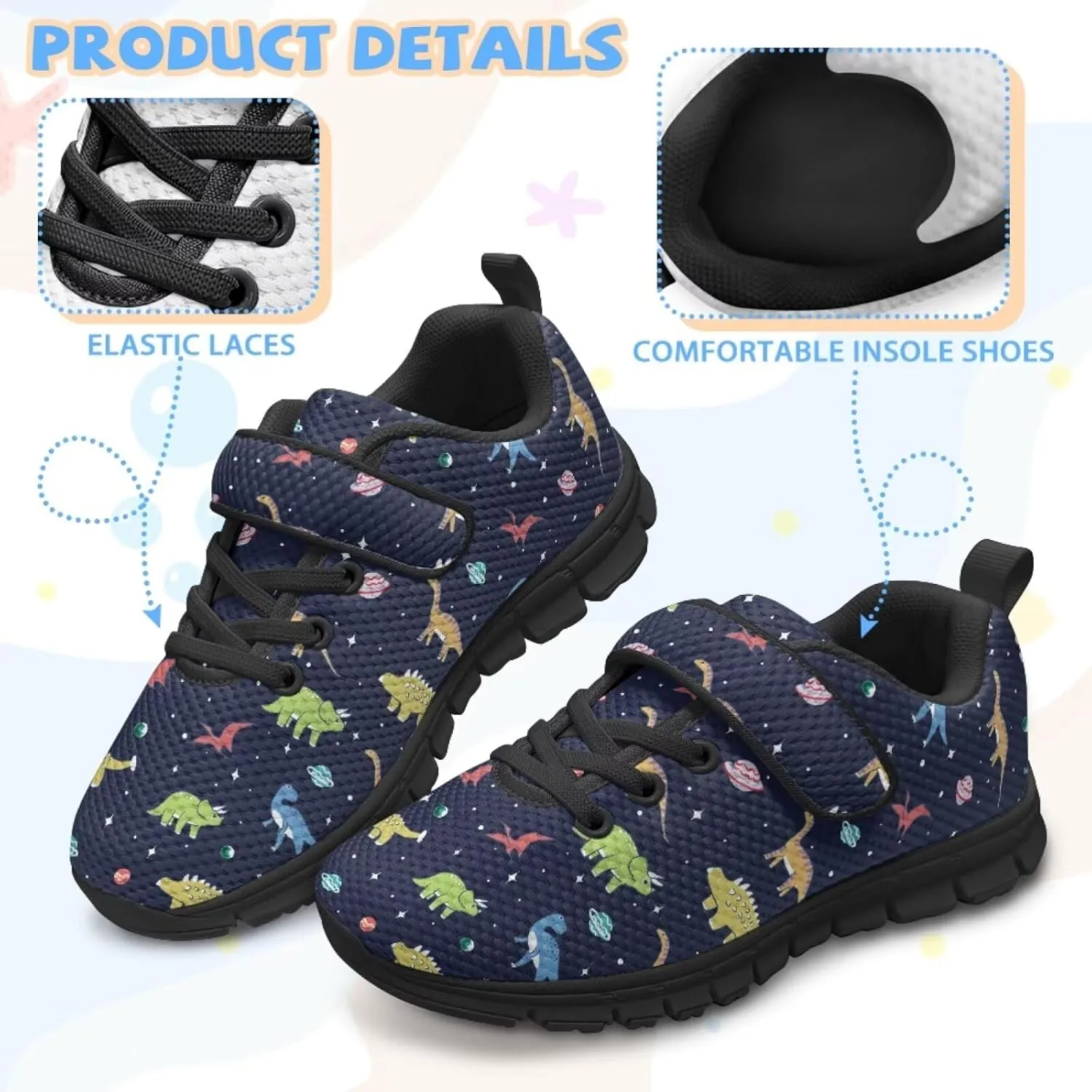 Children's Dinosaur School Sneaker Running Barefoot Shoes Lace Up Hiking Sneakers for Boys Girls