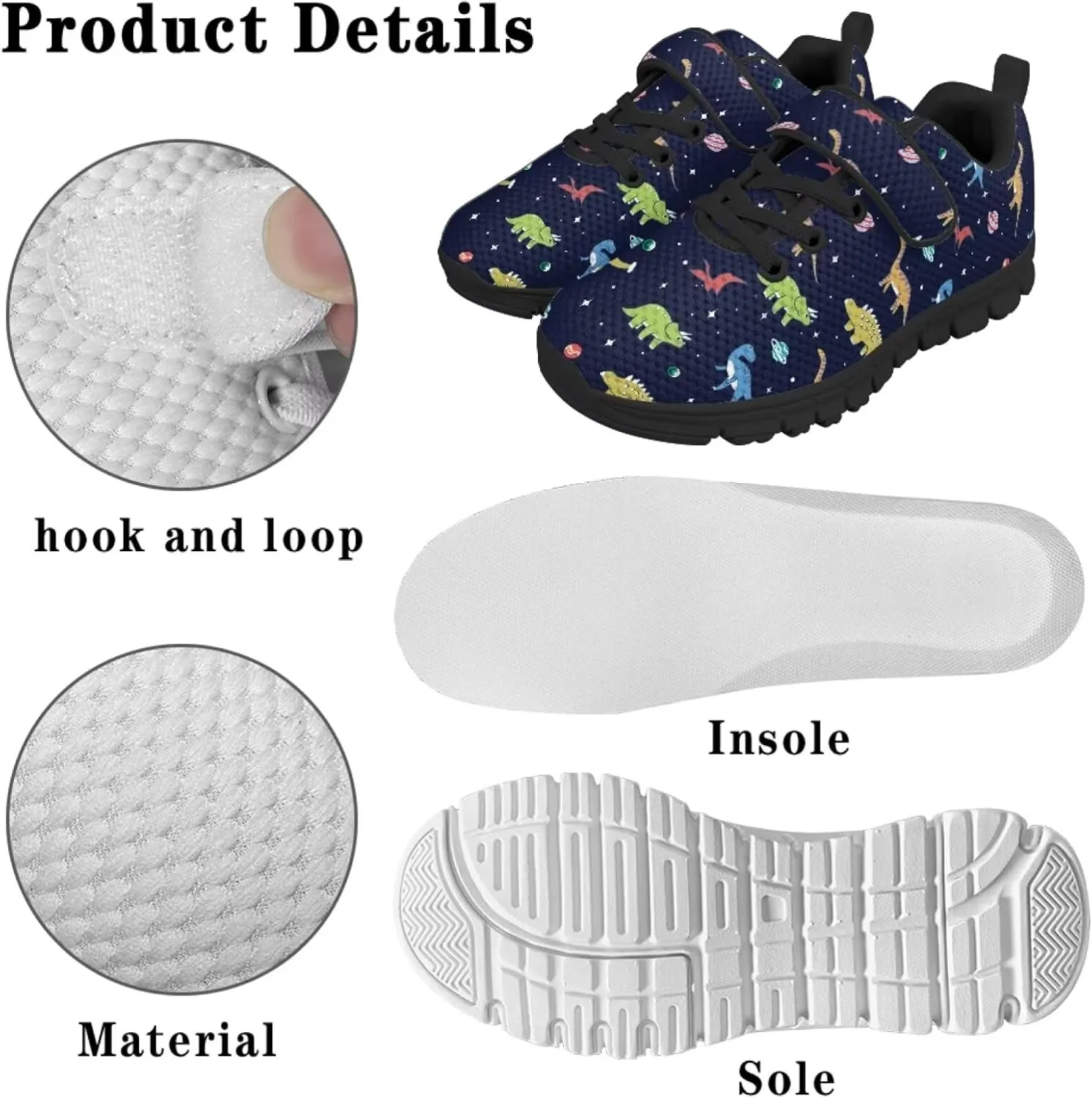 Children's Dinosaur School Sneaker Running Barefoot Shoes Lace Up Hiking Sneakers for Boys Girls