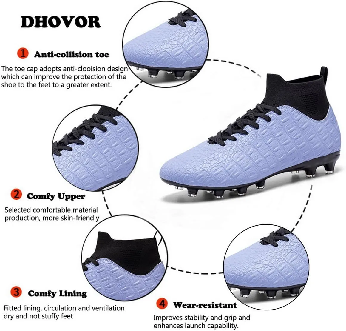 DHOVOR Men's Women's Soccer Cleats Light-Weight Athletics Football Shoes High-Top Football Boots Outdoor Soccer Shoes