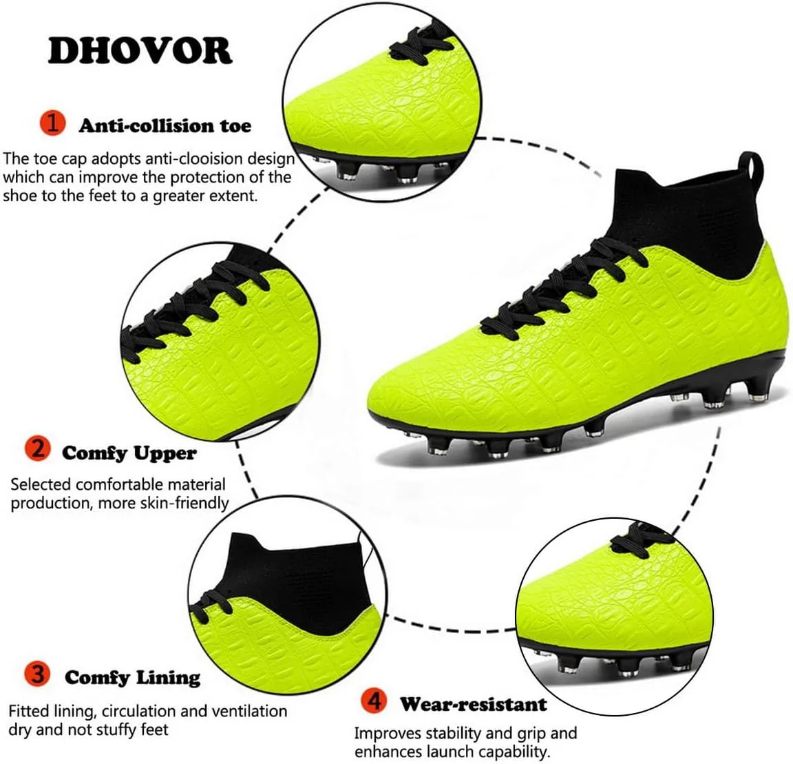 DHOVOR Men's Women's Soccer Cleats Light-Weight Athletics Football Shoes High-Top Football Boots Outdoor Soccer Shoes