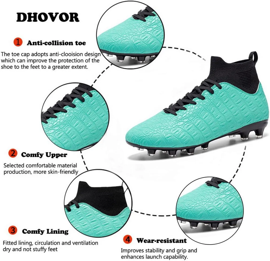 DHOVOR Men's Women's Soccer Cleats Light-Weight Athletics Football Shoes High-Top Football Boots Outdoor Soccer Shoes