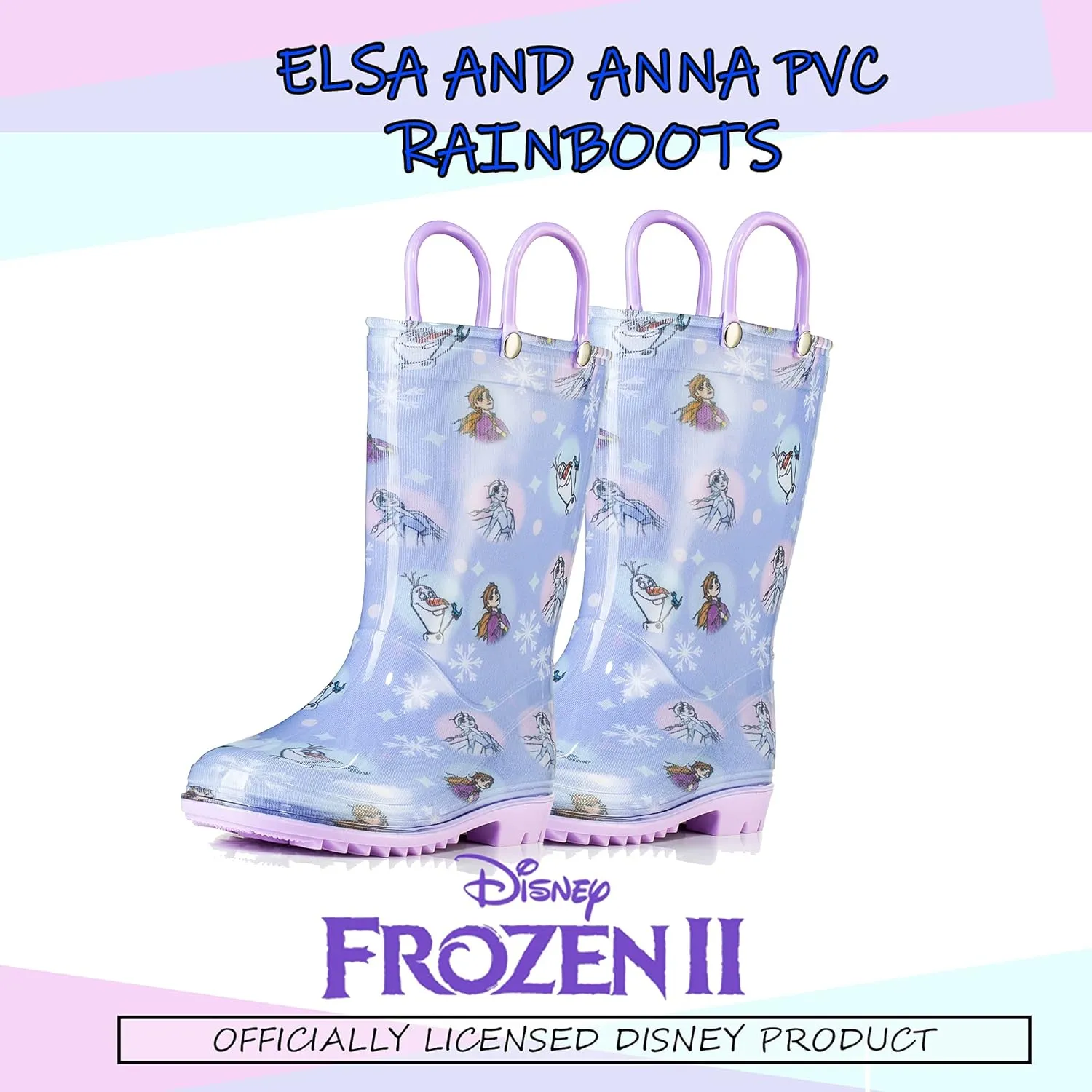 Disney Frozen 2 Girls' Anna, Elsa & Olaf Waterproof PVC Rain Boots with Easy-On Handles  Pink & Purple  Toddler & Little Kid Sizes