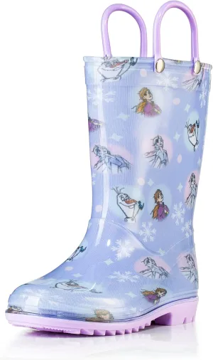 Disney Frozen 2 Girls' Anna, Elsa & Olaf Waterproof PVC Rain Boots with Easy-On Handles  Pink & Purple  Toddler & Little Kid Sizes
