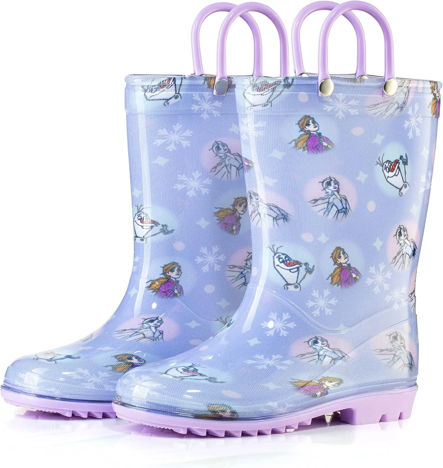 Disney Frozen 2 Girls' Anna, Elsa & Olaf Waterproof PVC Rain Boots with Easy-On Handles  Pink & Purple  Toddler & Little Kid Sizes