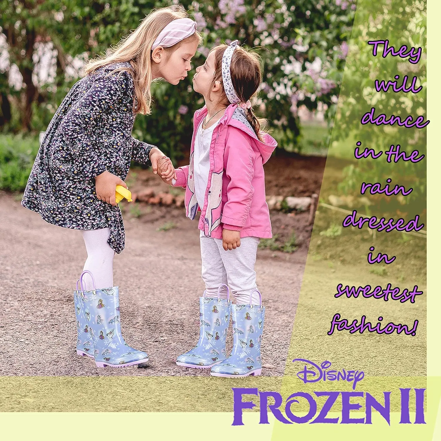 Disney Frozen 2 Girls' Anna, Elsa & Olaf Waterproof PVC Rain Boots with Easy-On Handles  Pink & Purple  Toddler & Little Kid Sizes