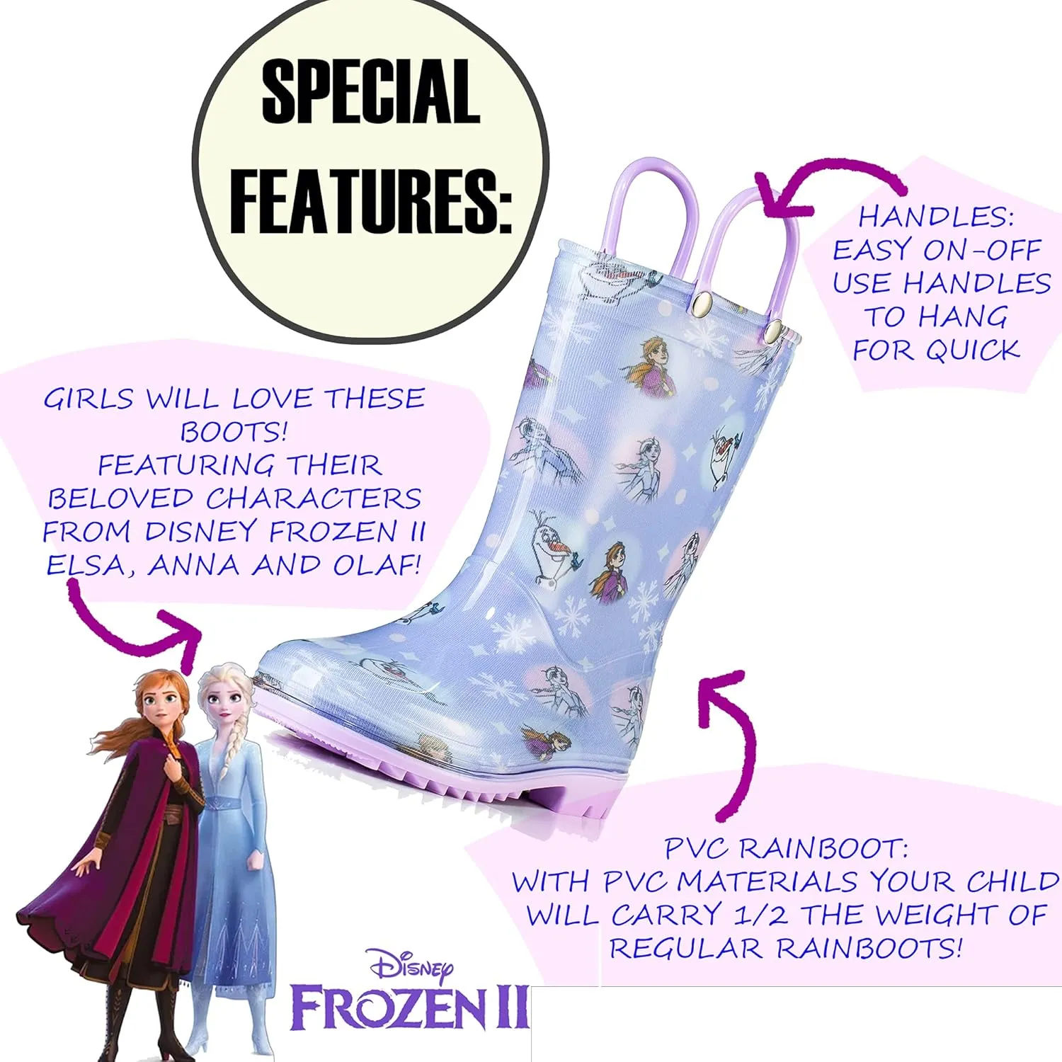 Disney Frozen 2 Girls' Anna, Elsa & Olaf Waterproof PVC Rain Boots with Easy-On Handles  Pink & Purple  Toddler & Little Kid Sizes