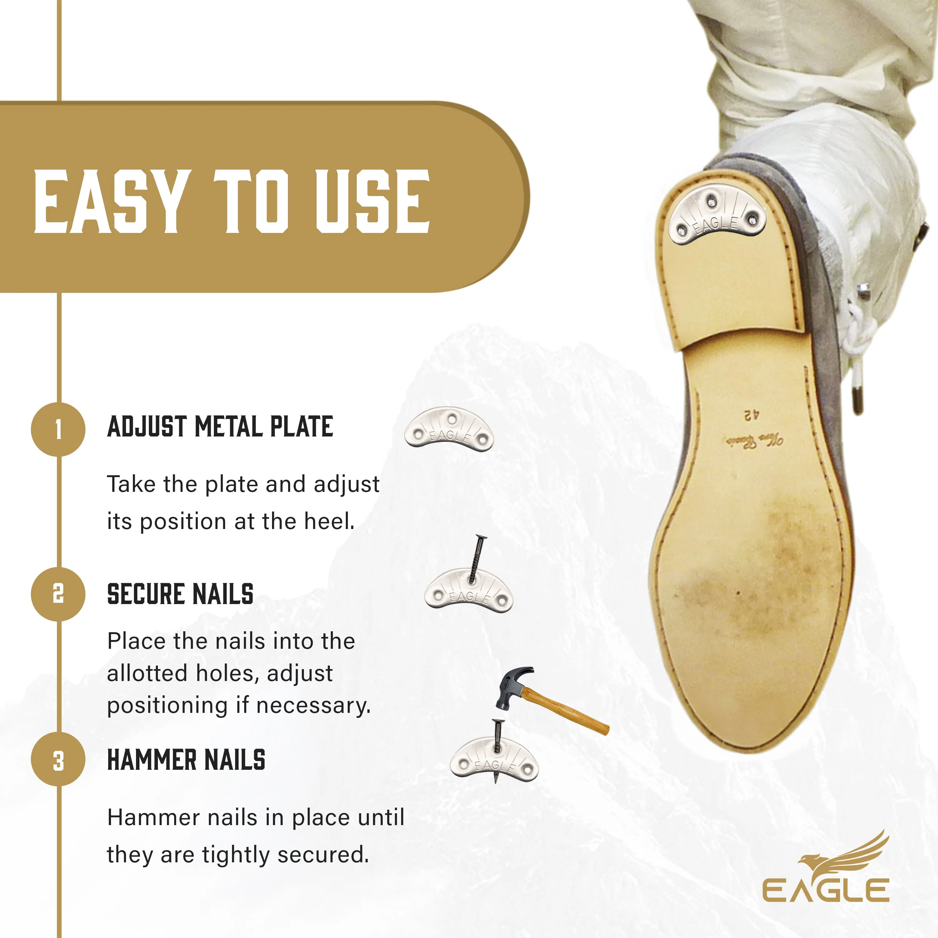 Eagle Metal Heel Plates for Shoes & Boots – Durable Heel Taps & Heel Savers for Boots – 3 Pairs with Nails – Shoe Heel Taps for Men, Cowboy Boot Heel Repair Kit, Spark Plates for Shoes
