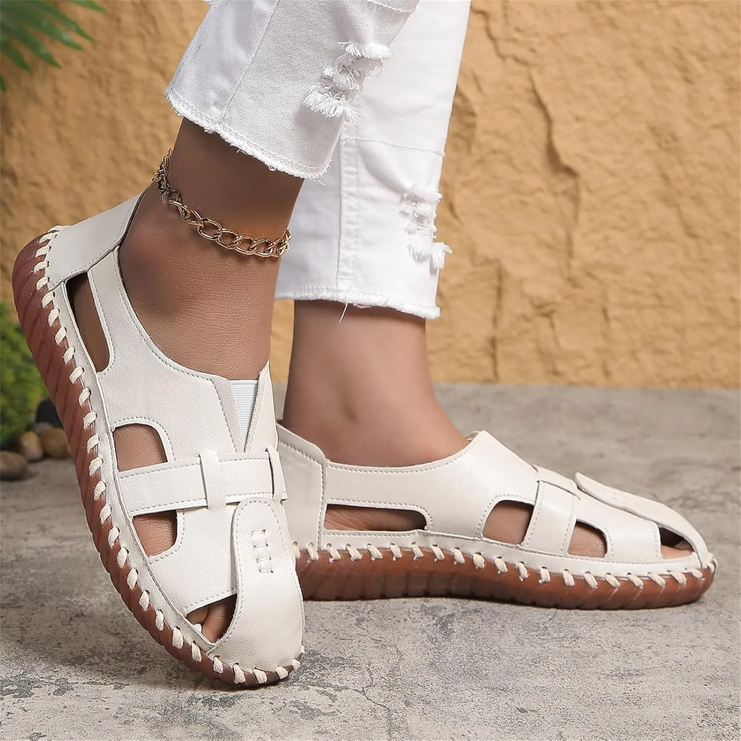 Fisherman Sandals for Women Men Comfort Slip On Flat Sandals Closed Toe Summer Leather Loafters, Hollow Out Breathable Walking Shoes Casual Beach Orthopedic Fisherman Sandal Unisex