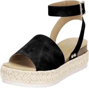 Flatform Platform Wedge Sandals for Women Summer Lightweight Open Toe Buckle Ankle Strap Espadrilles Lightweight Comfort Flats Walking Shoes Classic Breathable Solid Color Outdoor Shoes