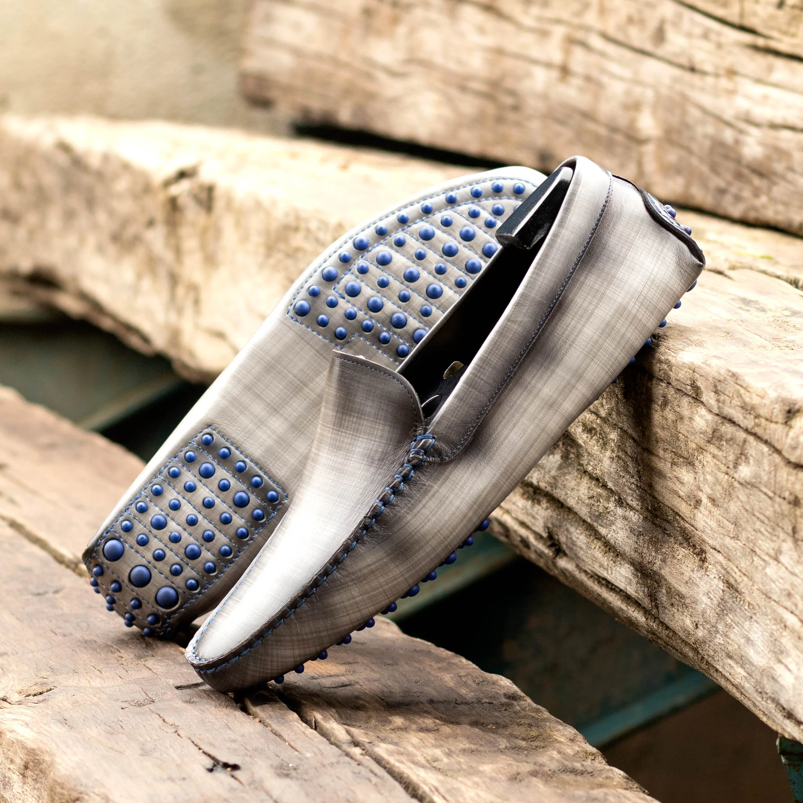 Grey Patina Plain Driving Loafers